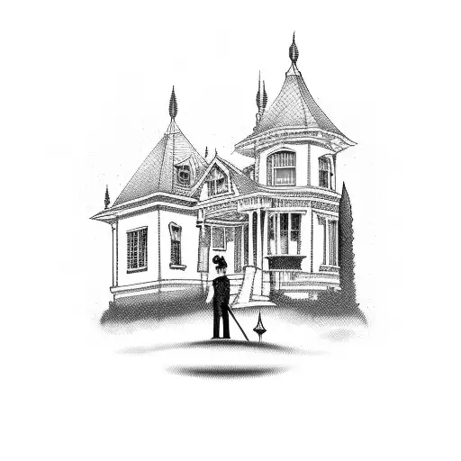 Tarot Card Of Old Victorian House With Picket Fence And Ghost Behind It