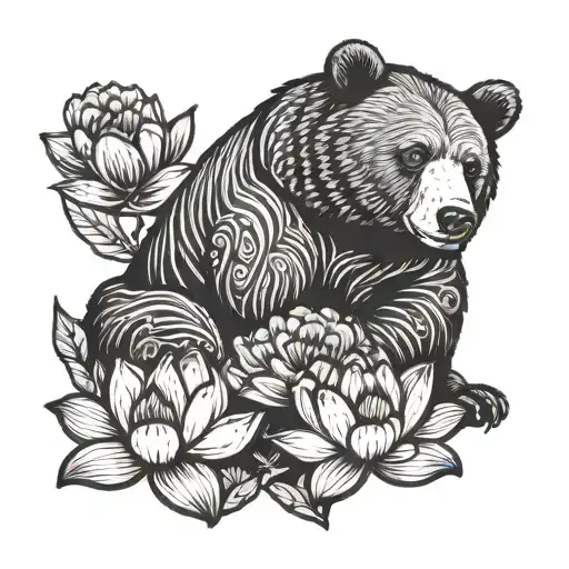 A Bear Practicing Brazilian Jiu Jitsu With A Lotus Flower In The Background