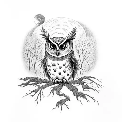 An Owl In A Tree Deep Forest With The Moon Back