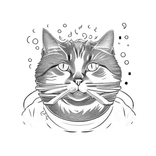 Cat Sitting Next To A Bowl Of Ramen And Grabbing A Noodle With Its Paw