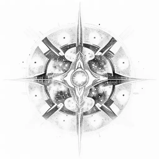 A Blackwork Tattoo Of A Galaxy With A Silhouette Of A Star Wars Ship Flying Through It