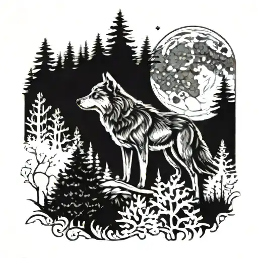 Wolf In A Forest Under A Moon Surrounded My Mountain