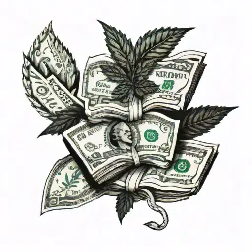 A Stack Of Money Bills Intertwined With Cannabis Leaves
