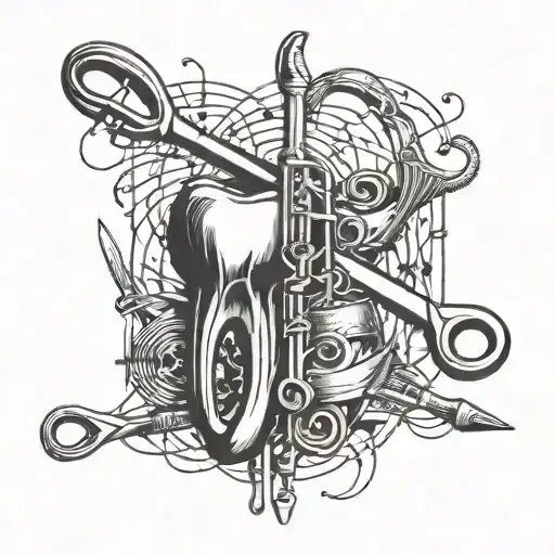 A Tattoo Design Combining Musical Notes And Dental Tools In A Creative Way