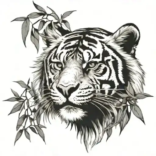 A Mysterious Lookin Tiger Head Surrounded By Bamboo