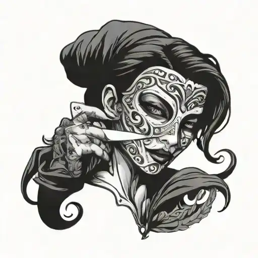 Mask And Knife And Woman Dark Lettering Tattoo Design