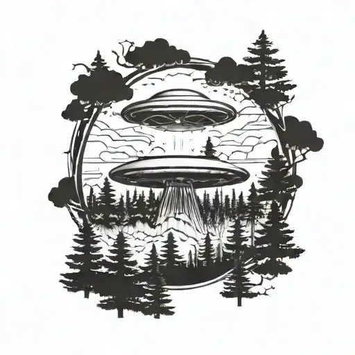 A Ufo Hovering Over A Forest Of Appalachian Trees In A Blackwork Style