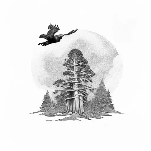 Sequoia Tree With Two Large Ravens Flying Above