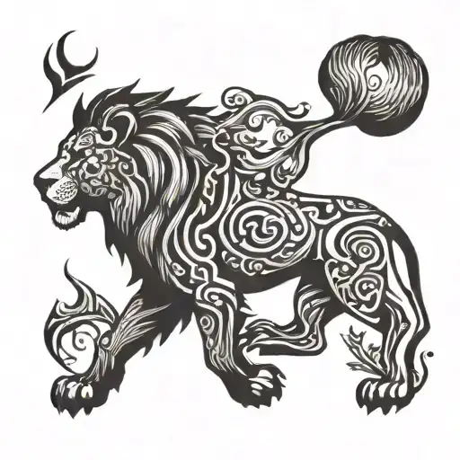 A Stylized Blackwork Tattoo Of A Lion Stalking Its Prey In The Wild