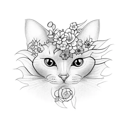 A Majestic Blackwork Tattoo Of A Cat Surrounded By Colorful Flowers