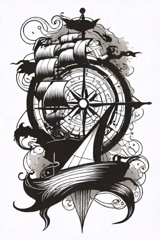 Sailing Ship And Viking Compass With Runes