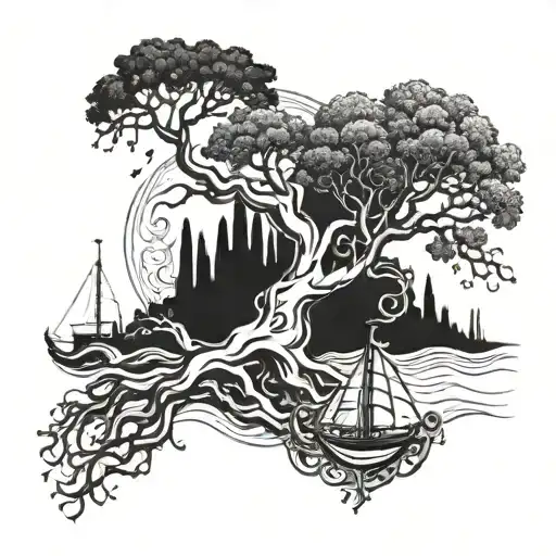 A Family Tree Intertwined With Nautical Elements Like Anchors And Waves