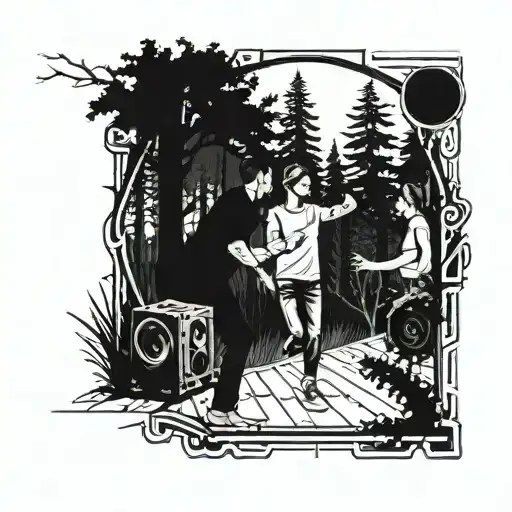 People Dancing In A Forest Next To A Soundsystem And Railway Tracks