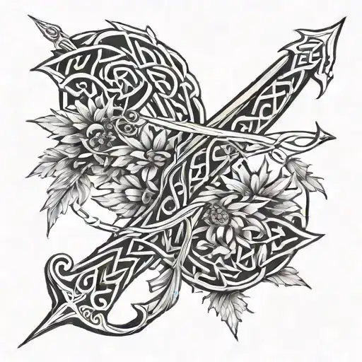 A Celtic Knotwork Bow And Arrow Design With Thistles And Tartan Accents