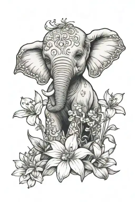 Baby Elephant In The Middle Of Daisy Lilly Of The Valley And Daffodils