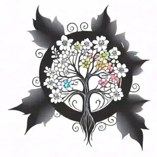 A Blackwork Tattoo Of A Tree With Branches Shaped Like Music Notes And Adorned With Colorful Flowers