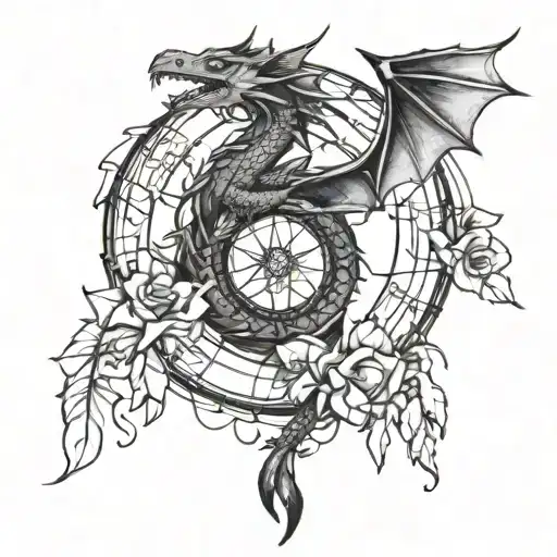 A Fierce Dragon Wrapped Around A Dreamcatcher With Lilies And Music Notes Incorporated In The Design