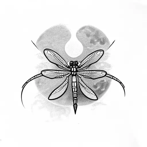 Dragonfly With Flowers And Moon