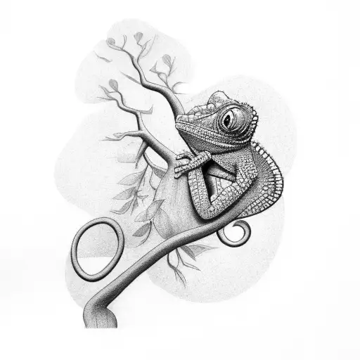 Chameleon Climbing A Tree With Details