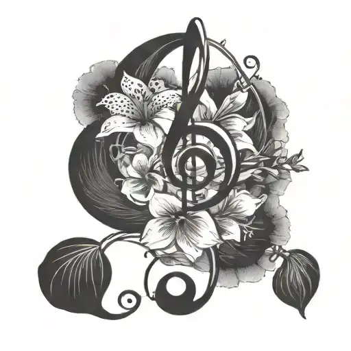 A Blackwork Tattoo Of A Music Note Intertwined With A Vine Of Poppy And Gladiolus Flowers
