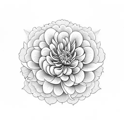 Chrysanthemum And Peony Flowers Surrounded By Line Compass