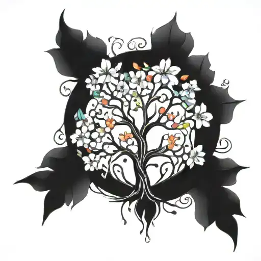 A Blackwork Tattoo Of A Tree With Branches Shaped Like Music Notes And Adorned With Colorful Flowers