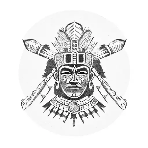A Blackwork Tattoo Of An Aztec Warrior Wearing A Feathered Headdress And Holding A Spear