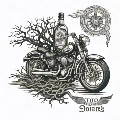 A Whiskey Bottle And Glass With A Motorcycle Wheel And Family Tree Roots