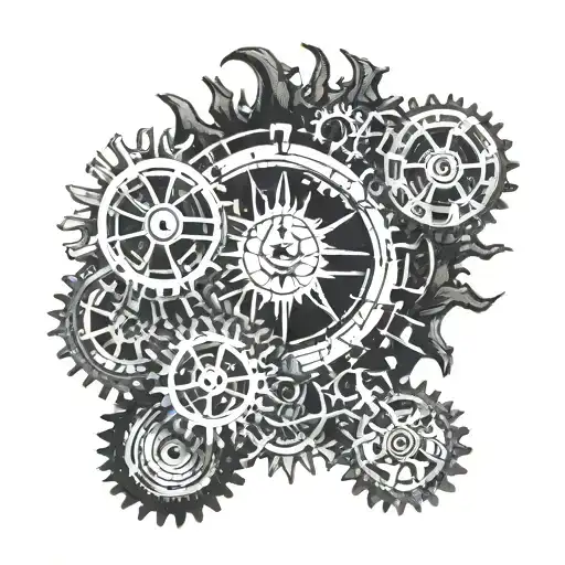A Sun And Moon Intertwined With Gears And Car Parts