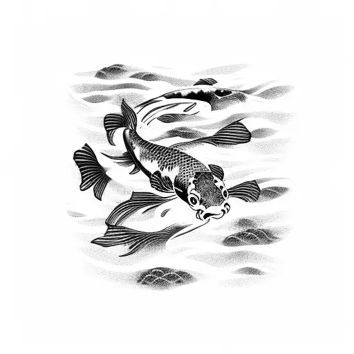 Traditional Japanese Koi Fish Swimming Upstream In A Swirling Current