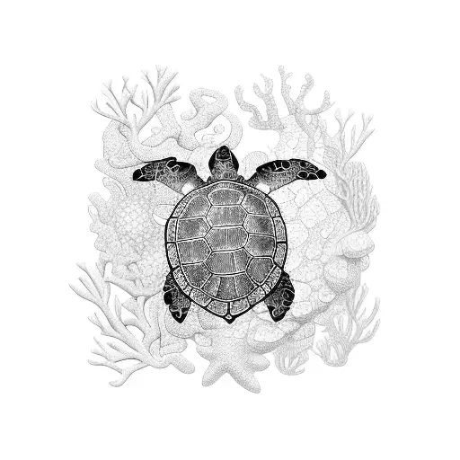 An Intricate Blackwork Design Of A Majestic Sea Turtle Swimming Among Colorful Coral Reefs