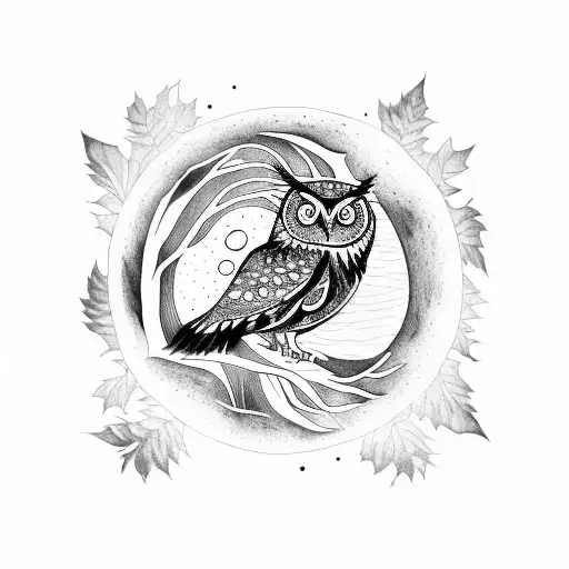 An Owl In A Tree Deep Forest With The Moon Back