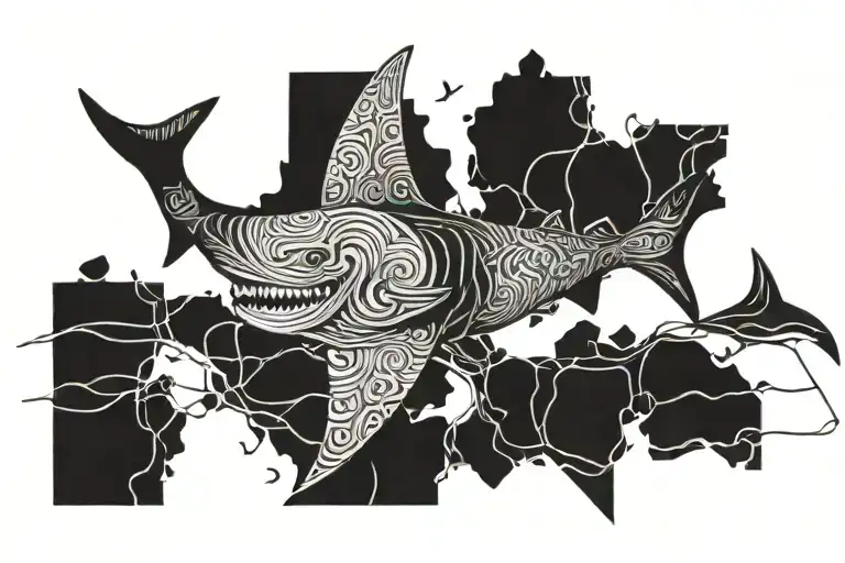 An Intricate Design Featuring A Shark Swimming Through A Maze Of Islands