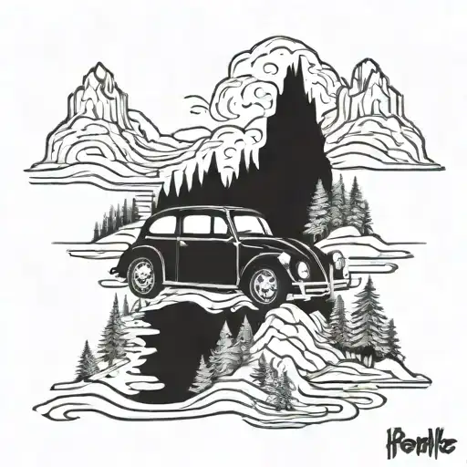 Beatle Car River Mountain