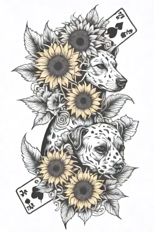 A Poker-themed Tattoo Incorporating Sunflowers And A Dog
