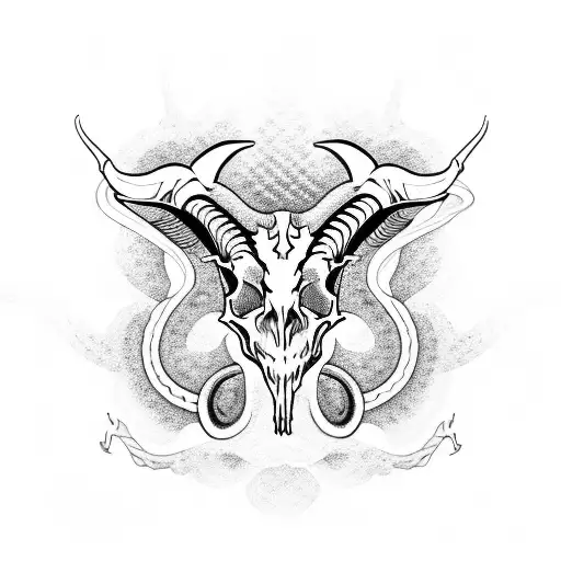 A Goat Skull With Snakes In The Background And Demons Surrounding The Skull