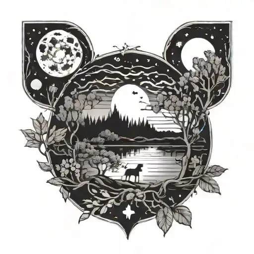 A Blackwork Tattoo Of A Moonlit Nature Scene With Hidden Horror Movie References