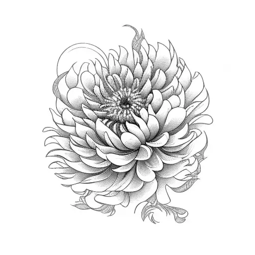 Chrysanthemum And Peony Flowers With Line Compass