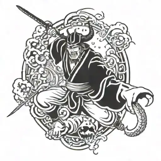 Japanese Warrior Battling Demons Fighting