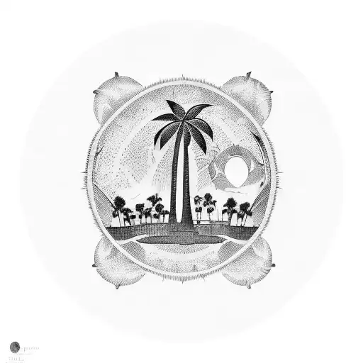 A Dynamic Blackwork Tattoo Of A Family Tree With Palm Trees In The Background