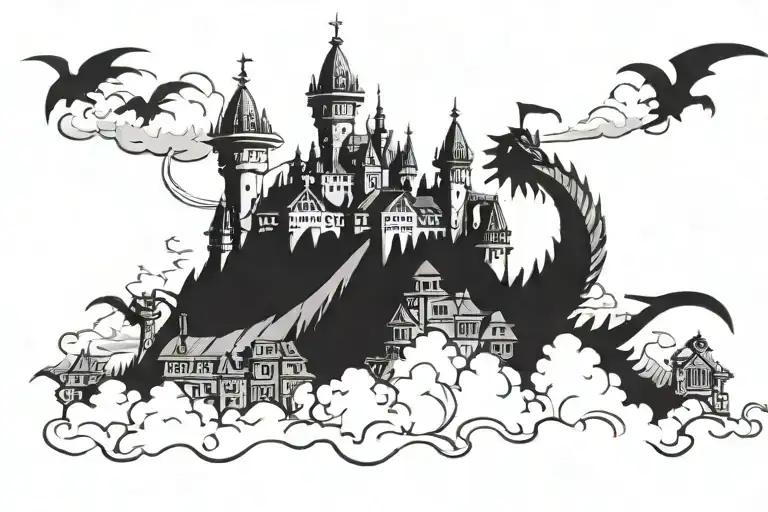 Dragon Attack Town Showing Through The Clouds