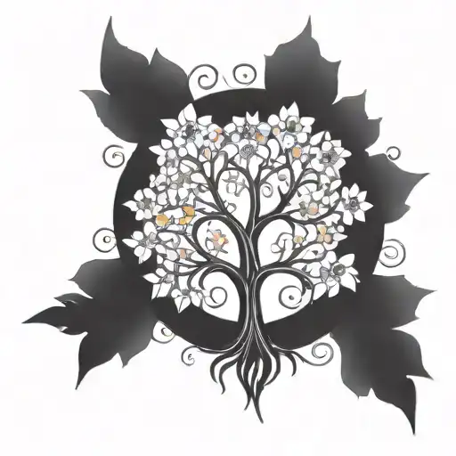 A Blackwork Tattoo Of A Tree With Branches Shaped Like Music Notes And Adorned With Colorful Flowers