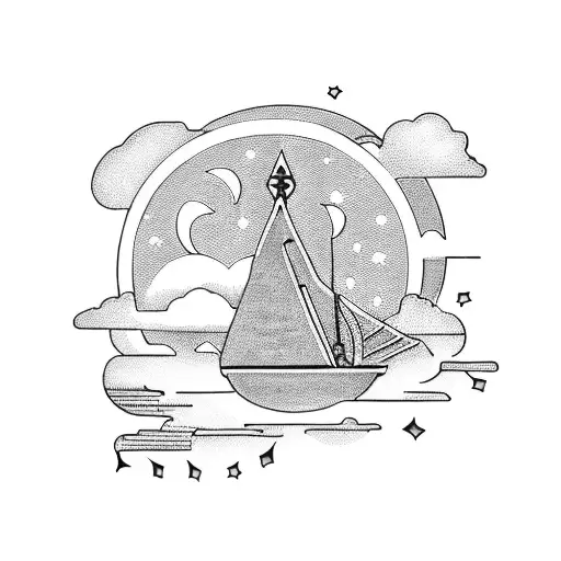 A Blackwork Tattoo Of A Gaming Controller With A Moon And Nature Scenery In The Background