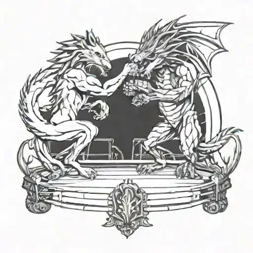 A Wolf And Dragon Dueling In A Boxing Ring