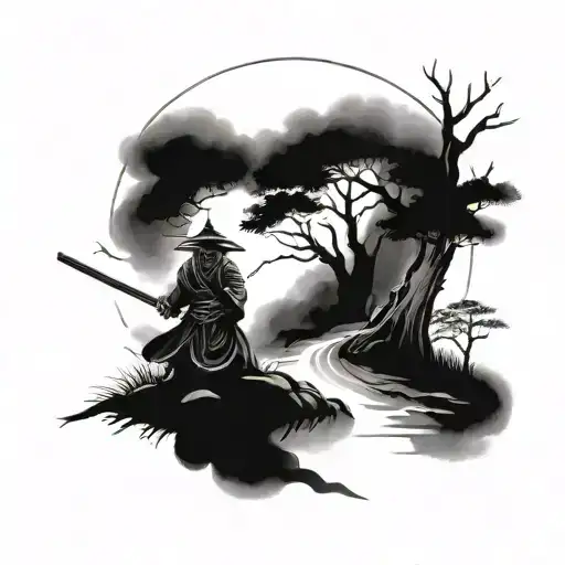 A Serene Landscape With A Ghostly Samurai Guarding A Sacred Tree