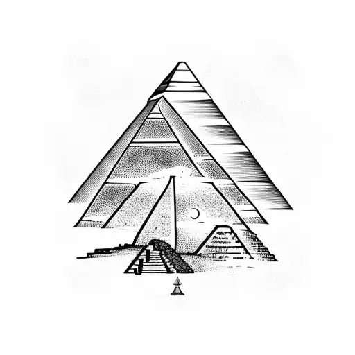 A Detailed Blackwork Tattoo Of An Ancient Egyptian Pyramid Surrounded By Palm Trees And Camels