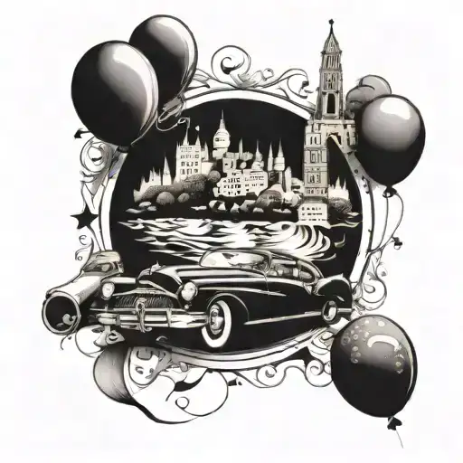 A Vintage Car Cruising Through A Party Scene With Travel Landmarks In The Background