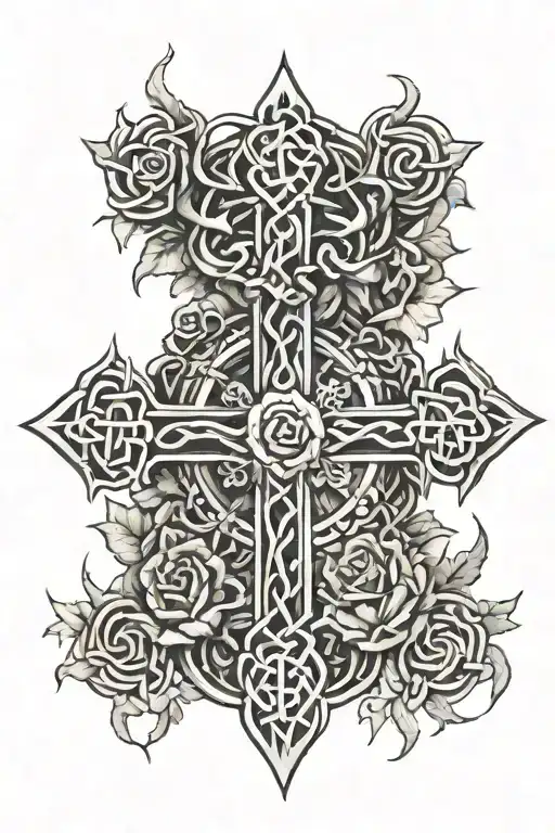 Celtic Cross Surroundeed By Thorn Crown With Rose Vines Hanging Down