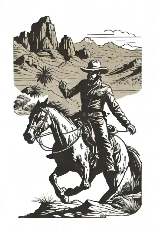 A Cowboy Riding A Horse Through A Desert Landscape With Mountains In The Background