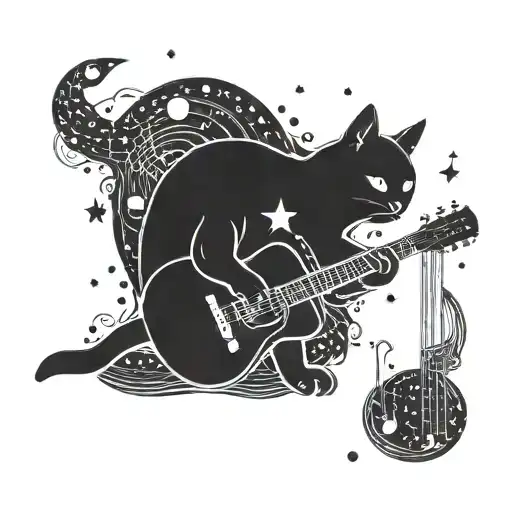 A Cosmic Cat Playing A Guitar With A Galaxy Backdrop And Shooting Stars As Musical Notes